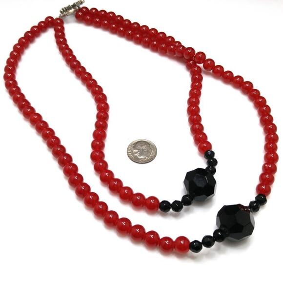 Red Black Glass Beaded Necklace, Two Strands, 18 Inches, Toggle Clasp On Wire - Picture 4 of 7